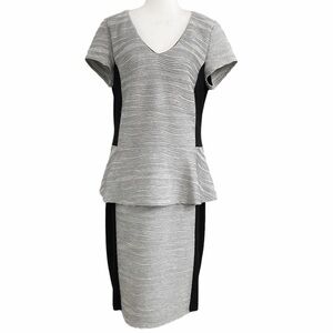 JOSEPH RIBKOFF GREY BLACK TEXTURED V-NECK SHORT SLEEVE PEPLUM STRETCH DRESS